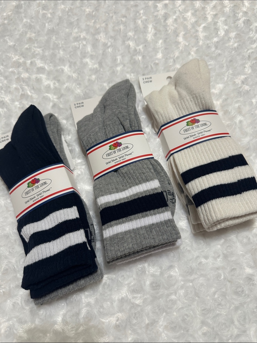 Three 2-pair Fruit of the Loom Striped Crew Socks - Shoe Size 6-12